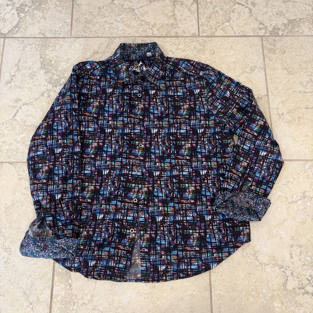Robert Graham Geometric Paisley Floral Grid Patchwork Shirt XL Black